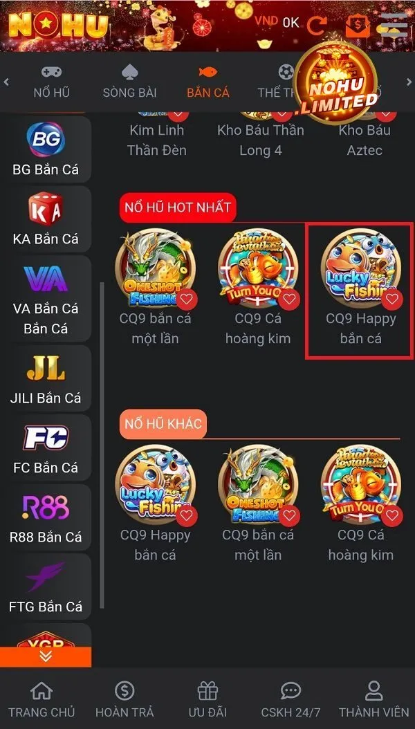 Hướng dẫn tân thủ cách chơi CQ9 Happy Bắn Cá Nohu chi tiết