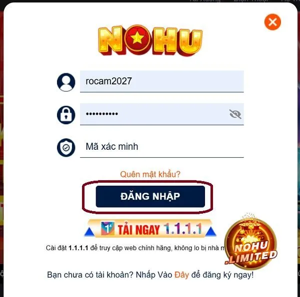 Bước 2 - Điền thông tin đăng nhập Nohu theo yêu cầu từ hệ thống nhà cái