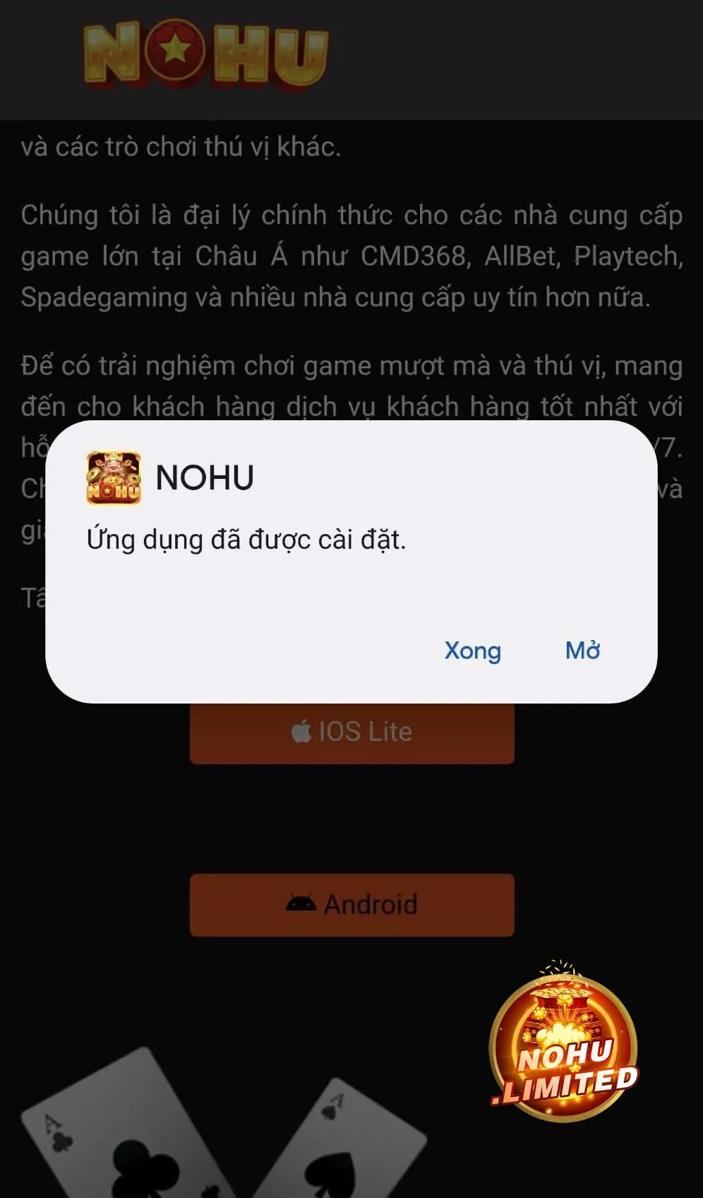 Tải app Nohu thành công, nhấn Mở để bắt đầu tham gia